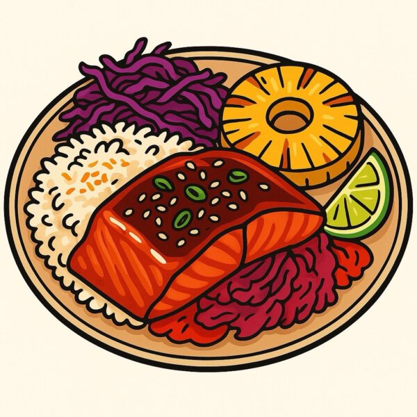 Hawaiian Teriyaki Salmon with Coconut Rice, Grilled Pineapple& Red Cabbage Slaw
(WEDNESDAY 14-01-2026)