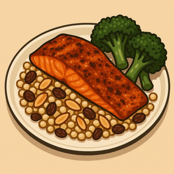 Harissa roasted salmon with pearl couscous, raisins, almonds &  charred broccoli
(MONDAY 23-02-2026)